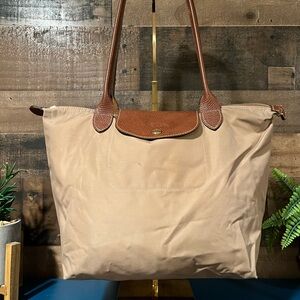 Beige Tan Medium Longchamp Le Pliage Tote Bag Leather Straps